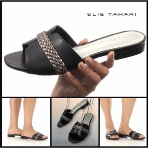 Tahari ‘Amorie’ Black Leather Slide Sandals w/ Metallic Braid Ladies 9.5 EUC!